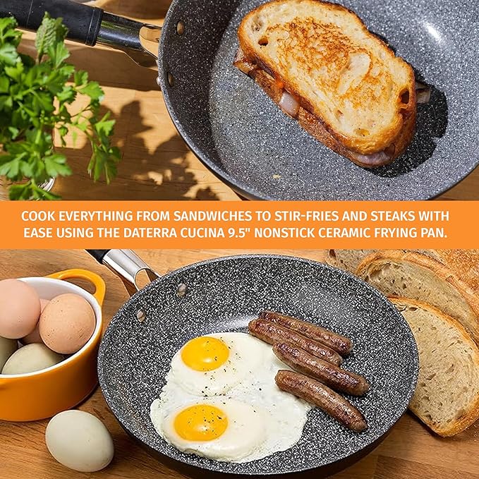 DaTerra Cucina - Nonstick Ceramic Frying Pan - Made in Italy - Oven & Induction Safe - High Heat Resistant Nonstick Cookware - Dishwasher Safe - Volcanic Black Speckled - 9.5"