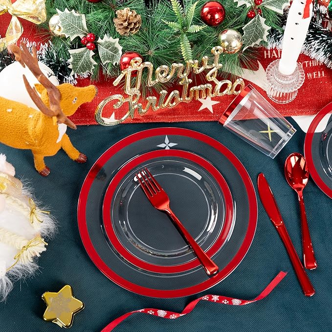 I00000 150pcs Red Disposable Plates | Clear Plates Red Trim,Silverware | Valentine's Day Dinnerware Set Perfect for Party (25 Guests)