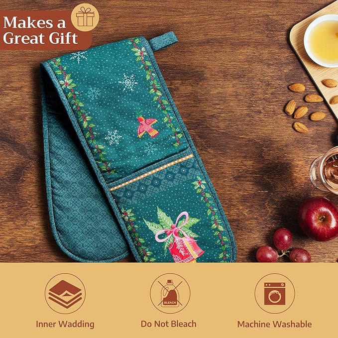 Maison d' Hermine Double Oven Mitt (7" x 35") 100% Cotton Heat Resistant BBQ Cooking Gloves with Loop for Thanksgiving Christmas Decorations Baking Cooking Barbeque Handling Hot Pan (Hygge Christmas)