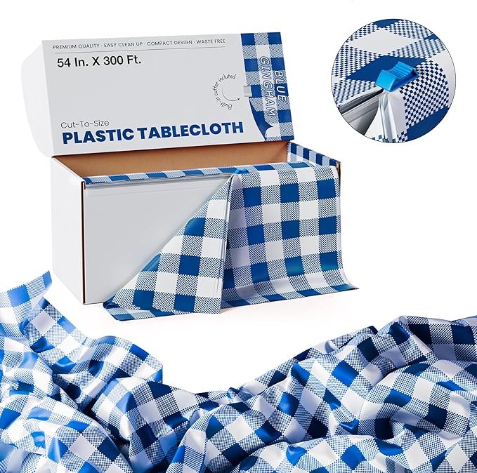 Party Solids 54 Inch X 300 Feet Blue Gingham Plastic Table Cover Roll in A Cut - to - Size Box with Convenient Slide Cutter. Cuts Up to 36 Rectangle 8 Feet Plastic Disposable Tablecloths