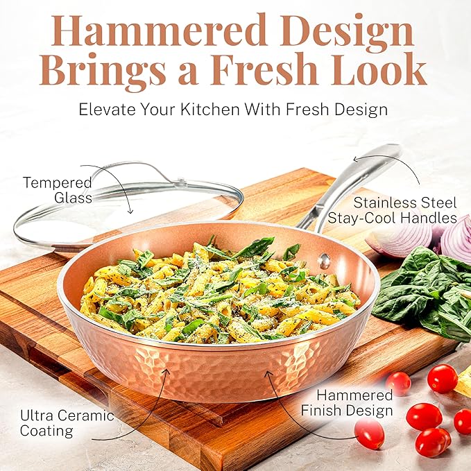 GOTHAM STEEL 4 Qt Saute Pan with Lid, Large Nonstick Skillet for Cooking, 12??Hammered Deep Frying Pan, Family Sized Pans, Ceramic Coating for Sauce, Induction Ready Oven & Dishwasher Safe, Non Toxic