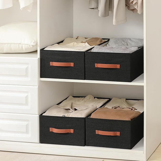 linen closet organizers and storage, 3 Pack Large Storage Baskets, Washable, Clothing Storage Bins with Handle, Closet Organizer for Storage Sweater,Sheets (Black, 18쩍"x13쩍"x8쩍")