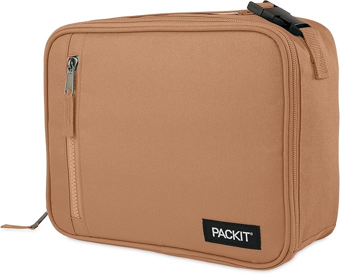 PackIt짰 Freezable Classic Lunch Box, Almond, Built with EcoFreeze짰 Technology, Collapsible, Reusable, Zip Closure With Zip Front Pocket and Buckle Handle, Designed for Fresh Lunch On the Go