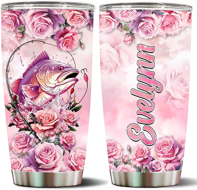 WONWIX Personalized Fishing Gifts for Women, 20oz Stainless Steel Insulated Coffee Cup Mug Tumbler Travel Water Bottle, Birthday, Christmas, Mother's Day, Valentine Gift for Wife, Daughter, Girl