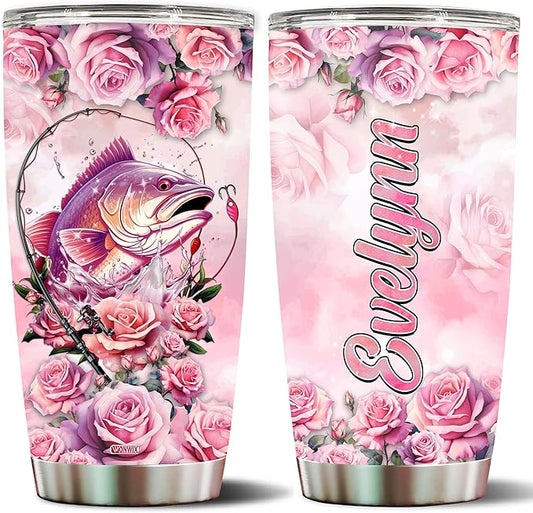 WONWIX Personalized Fishing Gifts for Women, 20oz Stainless Steel Insulated Coffee Cup Mug Tumbler Travel Water Bottle, Birthday, Christmas, Mother's Day, Valentine Gift for Wife, Daughter, Girl