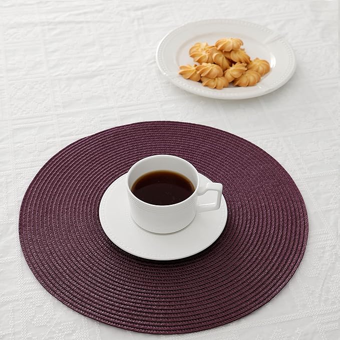 HODJOY Placemats Set of 6, Round Placemats for Dining Tables, Woven Washable Non-Slip Placemats 15 inch for Thanksgiving, Purple