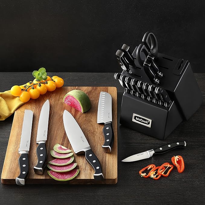 McCook짰 Black Knife Sets, German Stainless Steel Forged Kitchen Knives Block Set with Built-in Knife Sharpener
