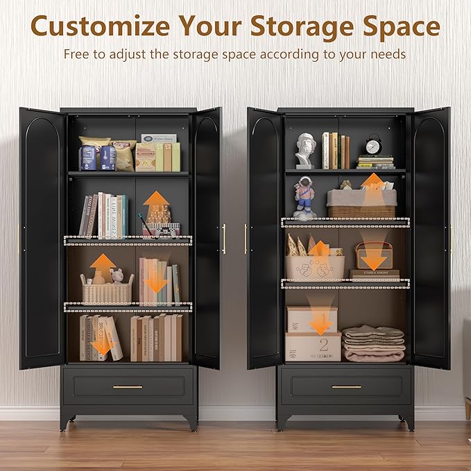 Black Pantry Kitchen Cabinet with Drawer, 75 Inch Metal Storage Cabinet with Doors and Shelves, Steel Food Pantries, Large Freestanding Cupboard for Living&Dining Room-Assemble Required