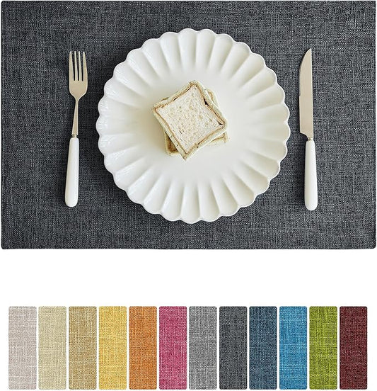 Softalker Faux Linen Placemats Set of 4-12 x 18 Inch, Heat Resistant Double Layered Durable Burlap Farmhouse Place Mats, Non-Slip Washable Rustic Table Mats for Dining, Kitchen, Party竊뉲ark Grey