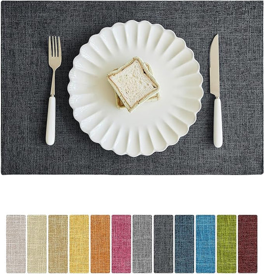 Softalker Faux Linen Placemats Set of 8-12 x 18 Inch, Heat Resistant Double Layered Durable Burlap Farmhouse Place Mats, Non-Slip Washable Rustic Table Mats for Dining, Kitchen, Party竊뉲ark Grey