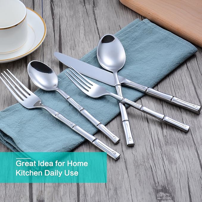 Silverware Set Stainless Steel Flatware Set 40 Pieces Cutlery Set Bamboo Handle Mirror Finished for Home Kitchen Restaurant Hotel Cutlery Set Service for 8
