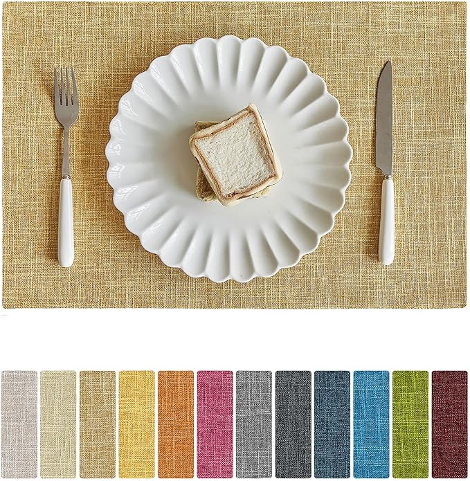 Softalker Faux Linen Placemats Set of 6-12 x 18 Inch, Heat Resistant Double Layered Durable Burlap Farmhouse Place Mats, Non-Slip Washable Rustic Table Mats for Dining, Kitchen, Party竊뉻haki