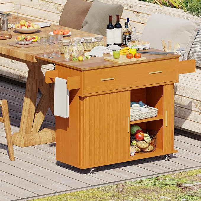 DHH Rolling Kitchen Island with Drop Leaf Countertop&Ample Storage - 39.4" Small Mobile Kitchen Cart On Wheels with Sliding Door,Drawers,Spice Rack & 2-Tier Storage (Yellow Walnut)