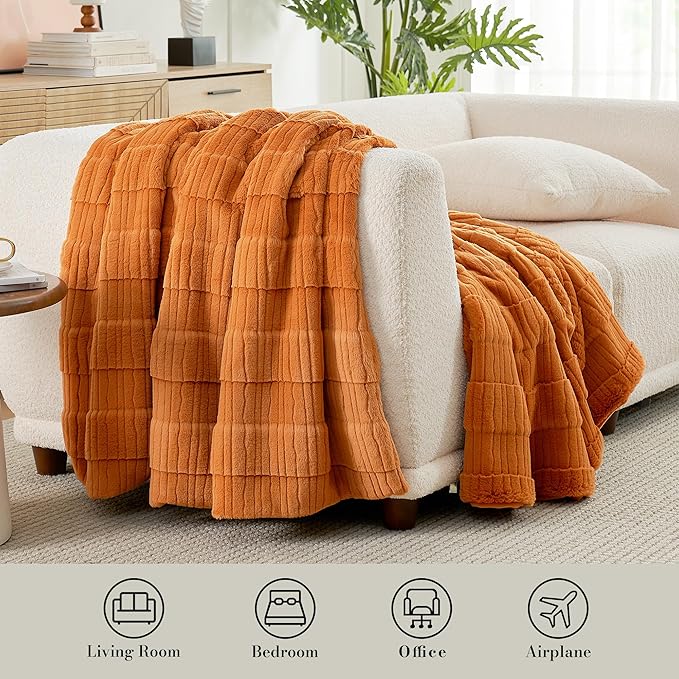 Am챕lie Home Luxury Striped Faux Fur Throw Blanket for Bed Queen Size, Soft Cozy Fuzzy Fluffy Plush Gift Blankets for Women, 88"x90", Brown