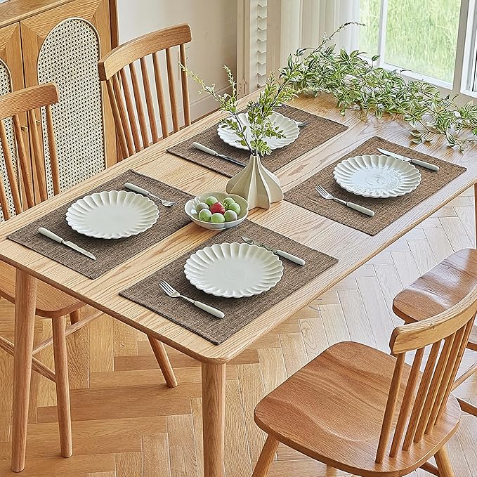 Softalker Faux Linen Placemats Set of 4-12 x 18 Inch, Heat Resistant Double Layered Durable Burlap Farmhouse Place Mats, Non-Slip Washable Rustic Table Mats for Dining, Kitchen, Party竊뉰rown