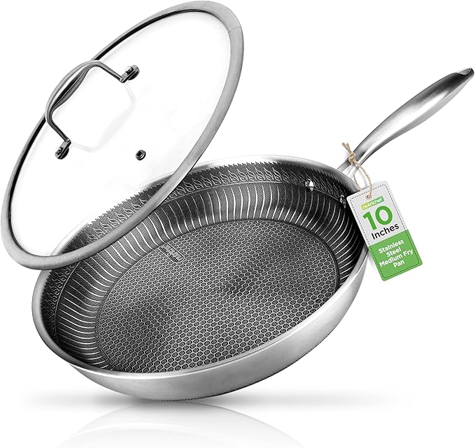 NutriChef 10??Non-Stick Stainless Steel Frying Pan with Lid, Triply Stainless Steel Cookware, Etched Non-Stick Coating, Oven & Induction Safe, Premium Stainless Steel Frying Pan, PFOA/PFOS Free