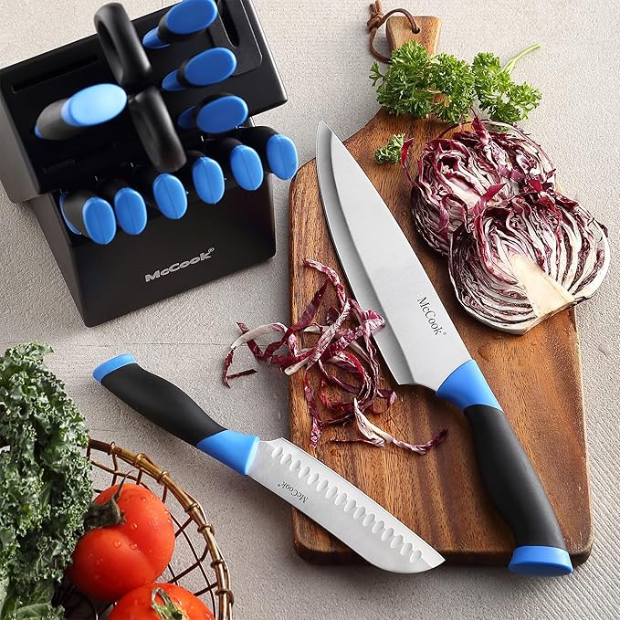 McCook짰 Knife Sets, German Stainless Steel Kitchen Knife Block Sets with Built-in Sharpener