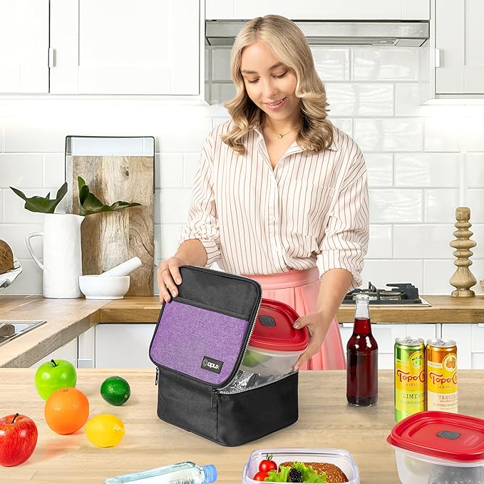 opux Insulated Lunch Bag Kids, Lunch Box for School Boy Girl, Leakproof Small Reusable Compact Soft Mini Cooler Bag, Toddler Small Lunch Boxes Kit Pail with Front Side Pockets (Purple)