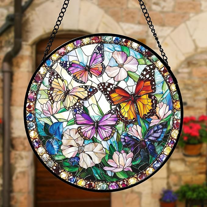 Stained Glass Window Hanging, Colorful Butterfly Suncatcher for Doors Home Sun Catchers Decoration and Christmas, Mother's Day Birthday Gifts for Women, Men, and Mom 9.8 in
