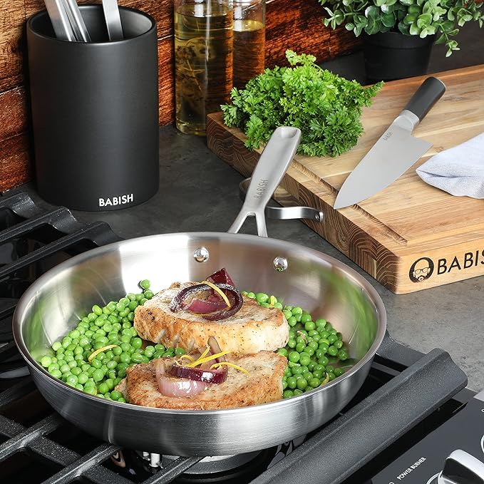 Babish 10-Inch Tri-Ply Stainless Steel Frying Pan ??Professional Grade Skillet for Searing, Saut챕ing & Everyday Cooking