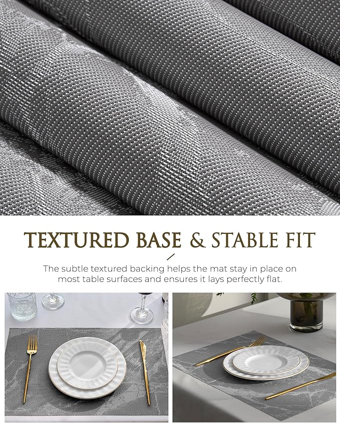 Leetaltree Reversible Marble Placemats Set of 12 ??Ships Flat and Stays Flat, Durable Washable Vinyl PVC Placemats, Heat Resistant, Easy Wipe Clean (Gray Marble Pattern)