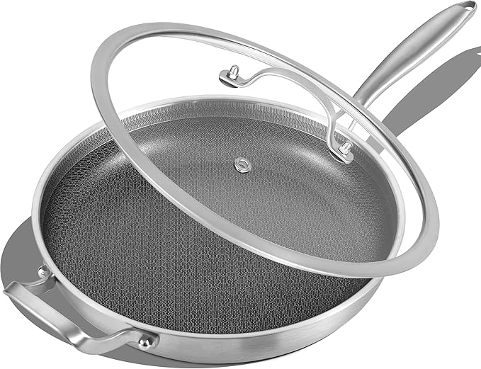 Inqibee 12-Inch Hybrid Tri-Ply Stainless Steel Non Stick Chef's Frying Pan with Lid and Helper Handle,Skillet,Induction Cooking Pan,Dishwasher and Oven Safe
