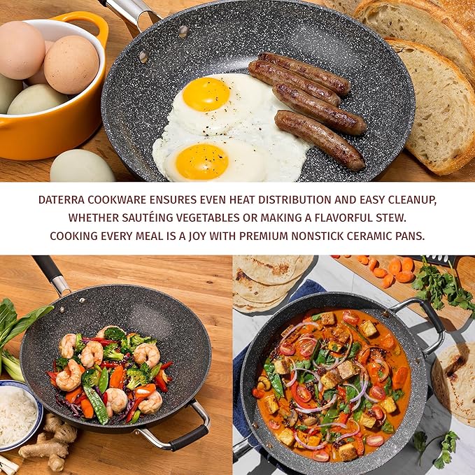 DaTerra Cucina Nonstick 4-Skillet Bundle ??9.5" and 13" Fry Pans, 11" Fry Pan and 13" Wok with Lid, Oven Safe, Ceramic Nonstick Cookware, PTFE & PFOA Free, Made in Italy ??Volcanic Black Speckled