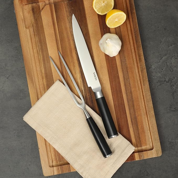 Babish 2-Piece Carving Knife and Fork Set ??8-Inch Stainless Steel Carving Knife with 6.5-Inch Fork ??Precision Cutlery for Turkey, Roast, and Meat Carving ??Ergonomic ABS Handles