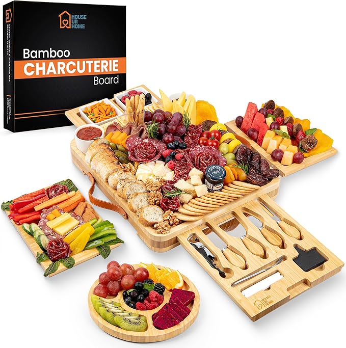 Large Bamboo Charcuterie Board Gift Set ??4 Hidden Drawers, Cheese Knives, Ceramic Bowls & Plates ??Perfect Christmas, Holiday, or Housewarming Gift