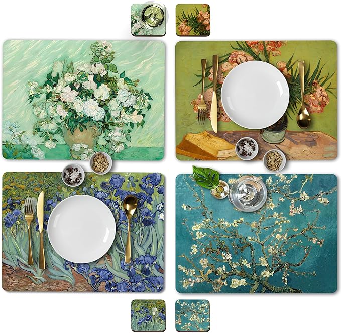 Moderry Set of 4 Heat Resistant Cork Placemats for Dining Table with Free Set of 4 Matching Drink Coasters Van Gogh Masterpieces Design 16 x 12 Inches Cork Backed Hard Placemats (Floral Van Gogh)