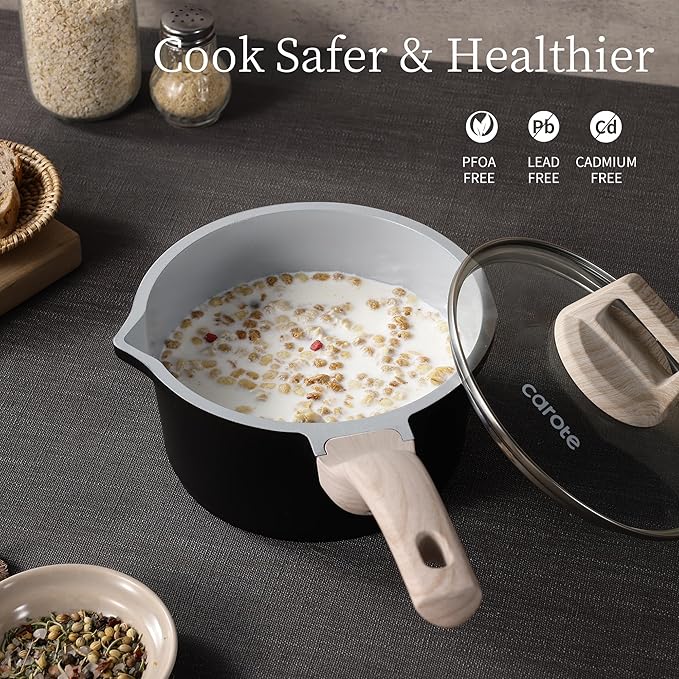 CAROTE 1.5Qt & 3.0Qt Sauce Pan Set with Lid Nonstick Ceramic Saucepan with Pour Spout 4 Pcs Sauce Pots Non-Toxic Cooking Pots (Black/Gray)