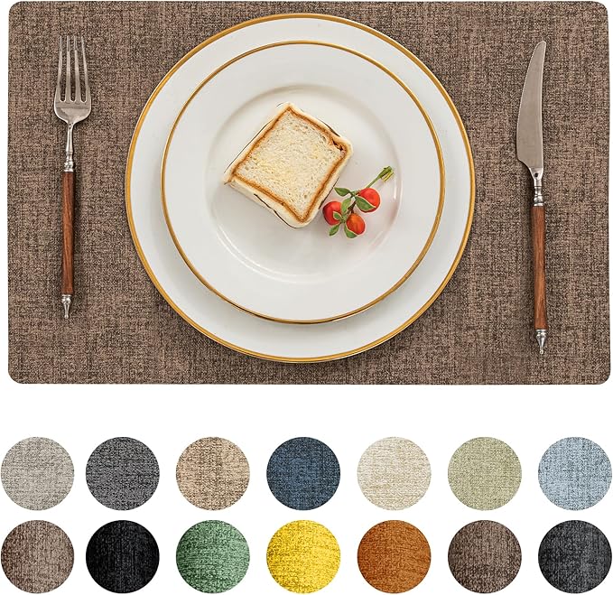 Romanstile Vinyl Placemats Set of 8-12 X 17 Inch - Heat Resistant Place Mats 100% Waterproof Oilproof Wipeable Reversible Faux Leather Table Mats for Kitchen, Dining, Party, Outdoor, Brown