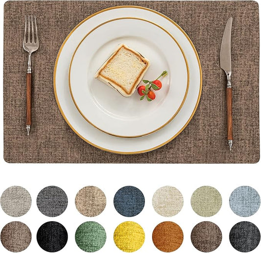 Romanstile Vinyl Placemats Set of 8-12 X 17 Inch - Heat Resistant Place Mats 100% Waterproof Oilproof Wipeable Reversible Faux Leather Table Mats for Kitchen, Dining, Party, Outdoor, Brown