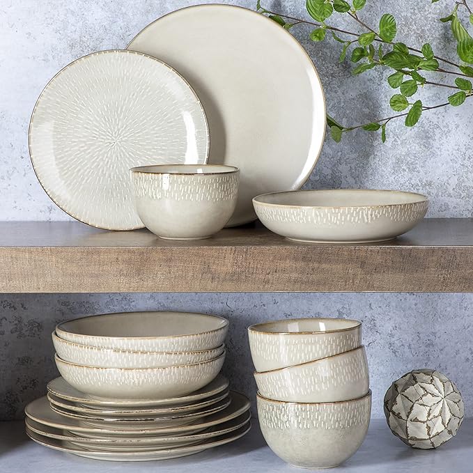 Gibson Elite Matisse 16-Piece Double Bowl Dinnerware Set ??Service for 4, Taupe Stoneware Plates and Bowls