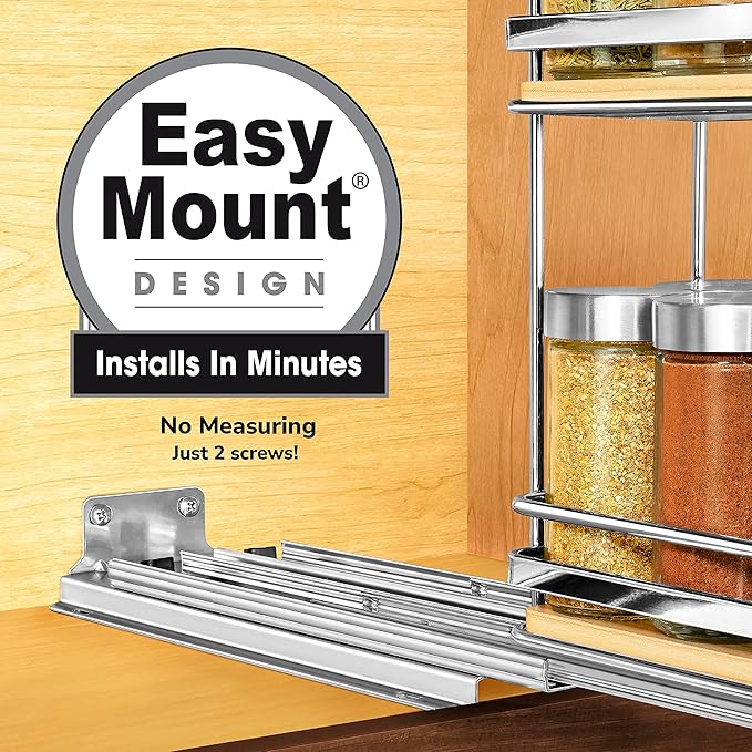 LYNK PROFESSIONAL짰 횋lite??Pull Out Spice Rack Organizer for Inside Kitchen Cabinets - 4-3/8 inch Wide - Slide Out Drawer ??Wood/Chrome Sliding Spice Cabinet Organization Shelf Racks - 2 Tier