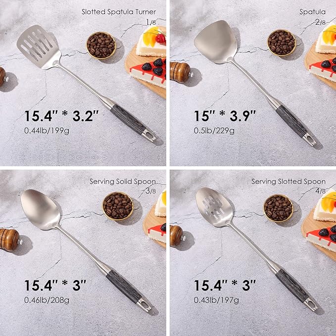 18/10 Stainless Steel Kitchen Utensils Set with Wooden Handle, 8Pcs 15??Long Cooking Utensil Set & Kitchen Gadgets Cookware Set, Serving Utensils-Spatula, Turner, Pasta, Serving Spoon, Skimmer, Ladle