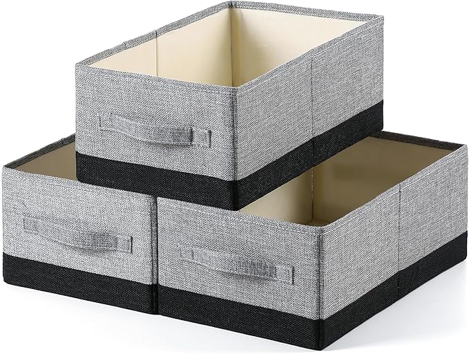 linen closet organizers and storage, 3 Pack Large Storage Baskets, Washable, Clothing Storage Bins with Handle, Closet Organizer for Storage Sweater,Sheets (gray black, 16"x9쩍"x6쩐")