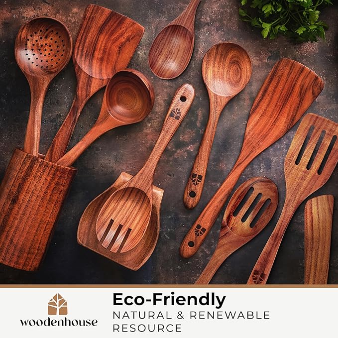 Wooden Spoons for Cooking ??Wooden Cooking Utensils Set with Holder, Spoon Rest & Hooks, Teak Wood Nonstick Kitchen Cookware ??Durable Set of 12pcs by Woodenhouse