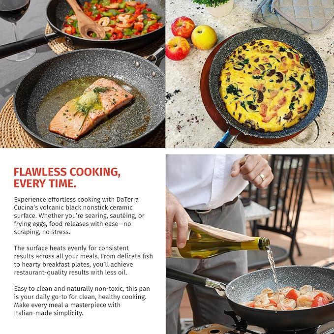 DaTerra Cucina Nonstick 2-Piece Induction Frying Bundle ??9.5" Ceramic Fry Pan & 11" Ceramic Frying Pan with Lid ??Oven & Induction Safe, Nonstick Cookware, PTFE & PFOA Free - Made in Italy, Black