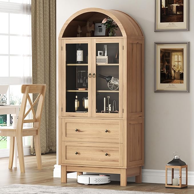 Arched Cabinet with Glass Doors, 71" Tall Freestanding Pantry Cabinet with 2 Large Drawers and Adjustable Shelf, Farmhouse Wood Storage Cabinets, Versatile Cupboard for Kitchen, Dining Room, Natural