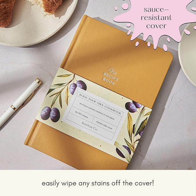 Kunitsa Co. Recipe Notebook - Keepsake Gift, Hardcover Blank Recipe Book to Write In Your Own Recipes with Journaling Prompts About the Chef, 100 Recipes, Mustard Yellow