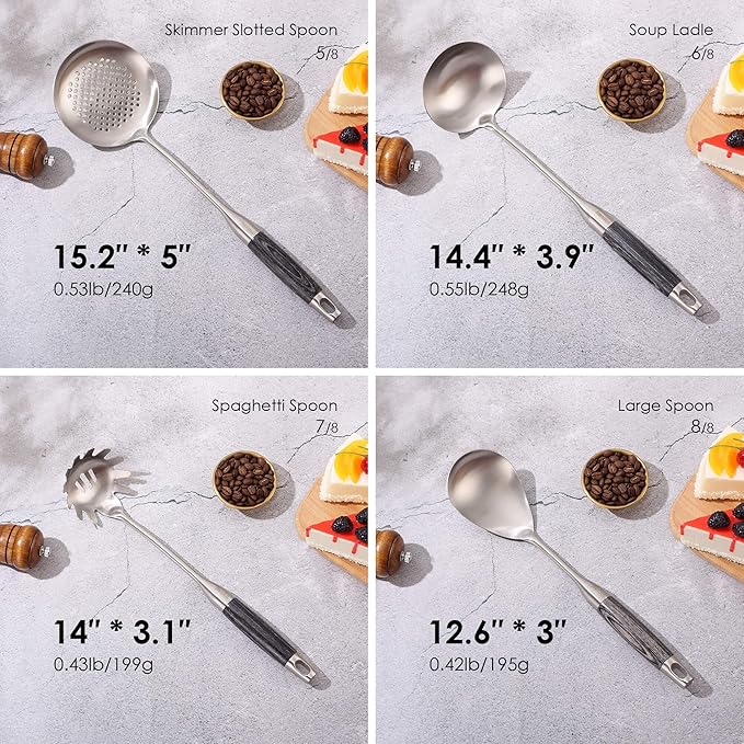 18/10 Stainless Steel Kitchen Utensils Set with Wooden Handle, 8Pcs 15??Long Cooking Utensil Set & Kitchen Gadgets Cookware Set, Serving Utensils-Spatula, Turner, Pasta, Serving Spoon, Skimmer, Ladle