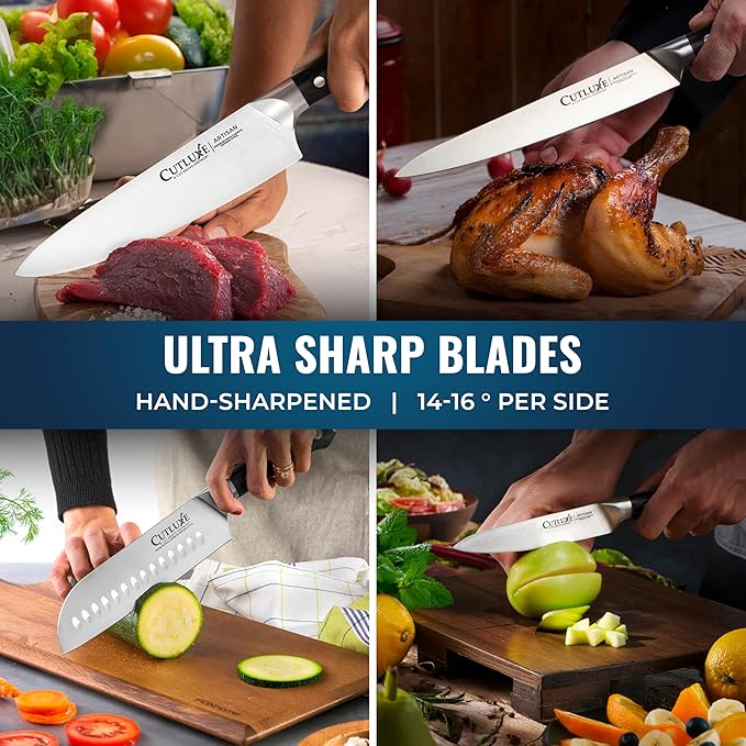 Cutluxe 15-Piece Knife Set ??Premium Rubberwood Wood Block ??Knife Set for Kitchen, Ultra Sharp High Carbon German Stainless Steel, Full Tang ??Artisan Series