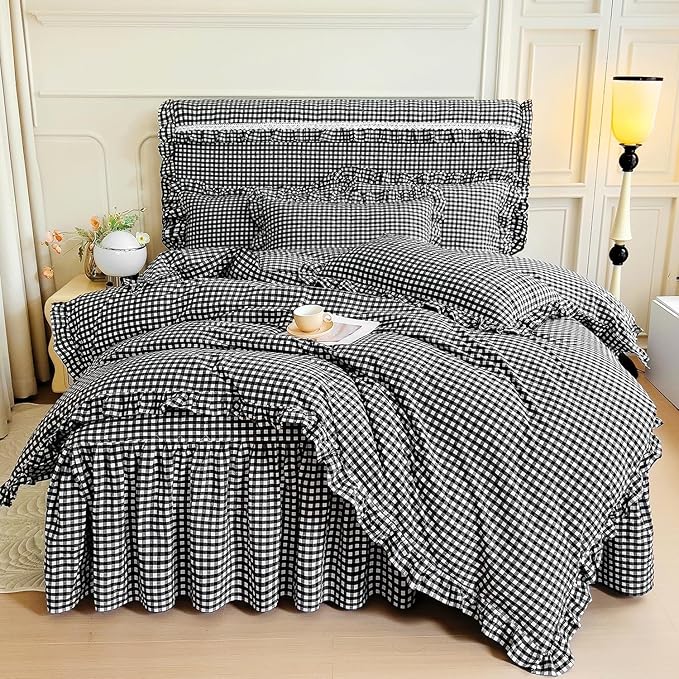 LifeTB Black Gingham Comforter Set King Ruffle Checkered Plaid Comforter Set 3 Pieces Boho Grid Bed Comforter with 2 Pillowcases Fluffy Soft Vintage Checkered Lightweight Gingham Bedding Set King