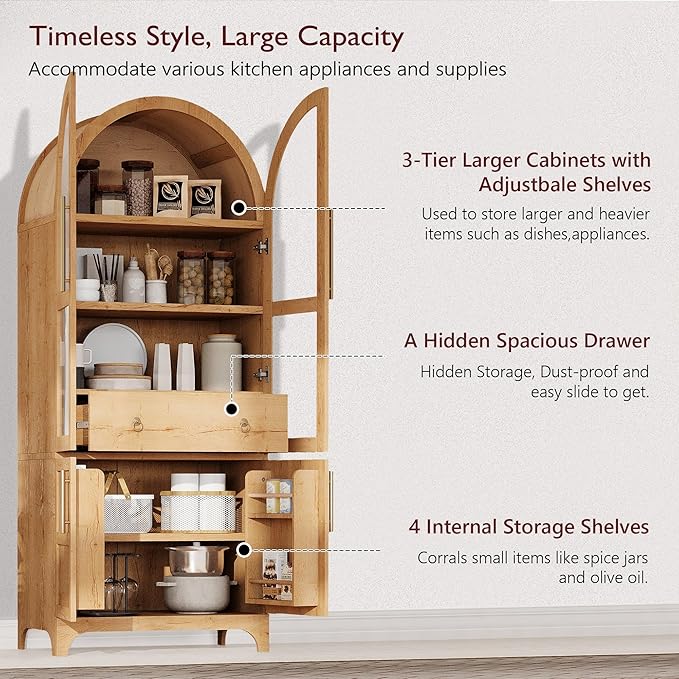 GDFStudio Mariah 71" Tall Arched Kitchen Pantry Cabinet with Hidden Drawer, Glass Door & Adjustable Shelves, Farmhouse Storage Cabinet Cupboard for Kitchen Dining Room, Home Pantry Storage, Natural
