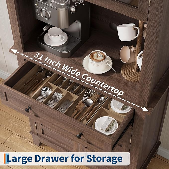 Elegant Brown Modern Wood Pantry Coffee Cabinet with Ample Storage, Spacious 72" Tall Kitchen Bar Cabinet Hutch Featuring 4 Stylish Glass Doors & 1 Smooth Drawer, Versatile Stand-Alone Food Pantry