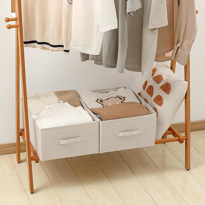 Linen Folding Storage Bins, 3 Pack Large Storage Baskets, Washable, Clothing Storage Bins with Handle, Closet Organizer for Storage Sweater,Sheets(Beige, 18쩍"x13쩍"x8쩍")