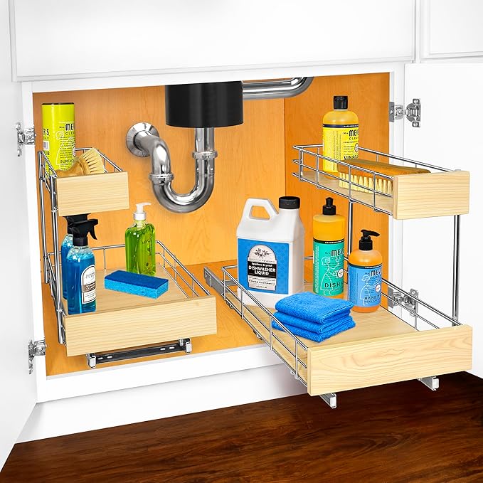 LYNK PROFESSIONAL짰 SELECT??Pull Out Under Sink Kitchen Cabinet Organizer - 11.5 in. x 18 inch deep Drawer - Sliding Shelf Organizer and Undersink Storage Shelves - Lifetime Ltd. Warranty ??Chrome