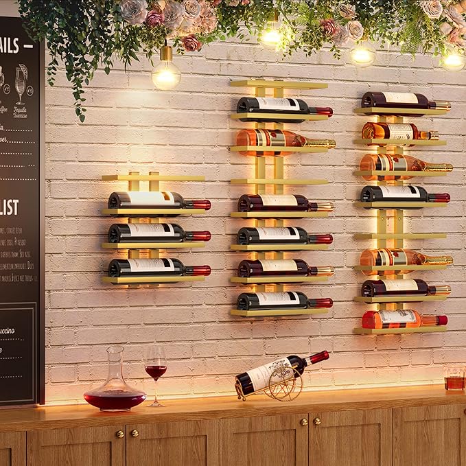 Hoctieon 3-Set 8 Tier Wall Mount Wine Rack (24 Tiers), Wall Racks for Wine Bottles Display and Storage, Hanging Bottle Organizer for Living Room, Dining Room, Wine Cellar, Bar, Gold