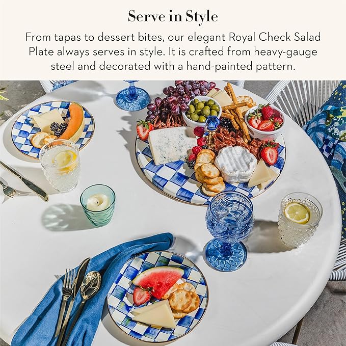 MACKENZIE-CHILDS Enamel Salad and Dessert Plate, Small Plate for a Dessert or Appetizer Dish, 8 Inches, Blue-and-White Royal Check